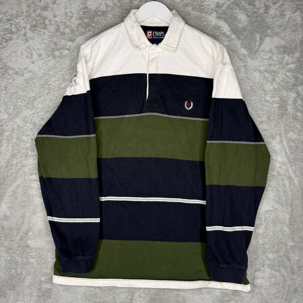 Vtg Ralph Lauren Chaps Shirt Mens Large Rugby Polo Blue Green Striped Cotton 90s